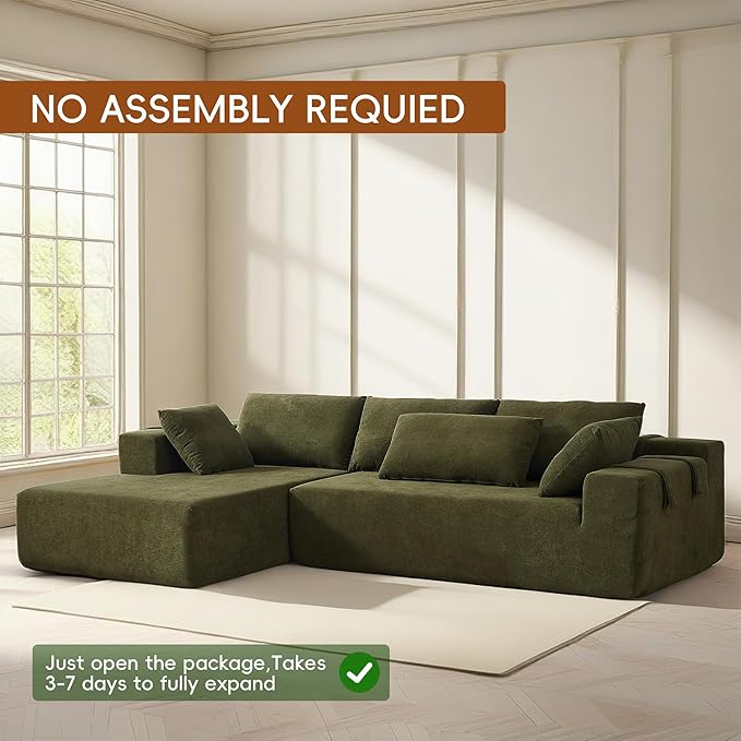 108" Modular Sectional Couch Sofa with L-Shape Chaise, Modern Cloud Comfy Sofa with Deep Seat, Upholstered Couches for Living Room Bedroom, No Assembly Required (Green Right Facing Chaise)