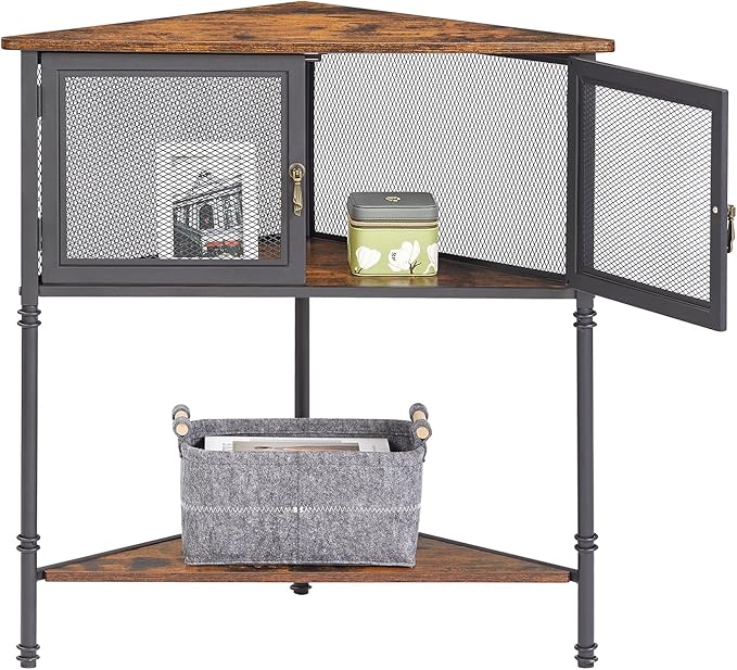 VECELO 3 Tier Corner Shelf,Corner Table with Mesh Door and Open-Shelf,Corner Cabinet Stand,Metal Frame Organizer Display Storage Shelves for Bedroom,Living Room,Kitchen,Bathroom