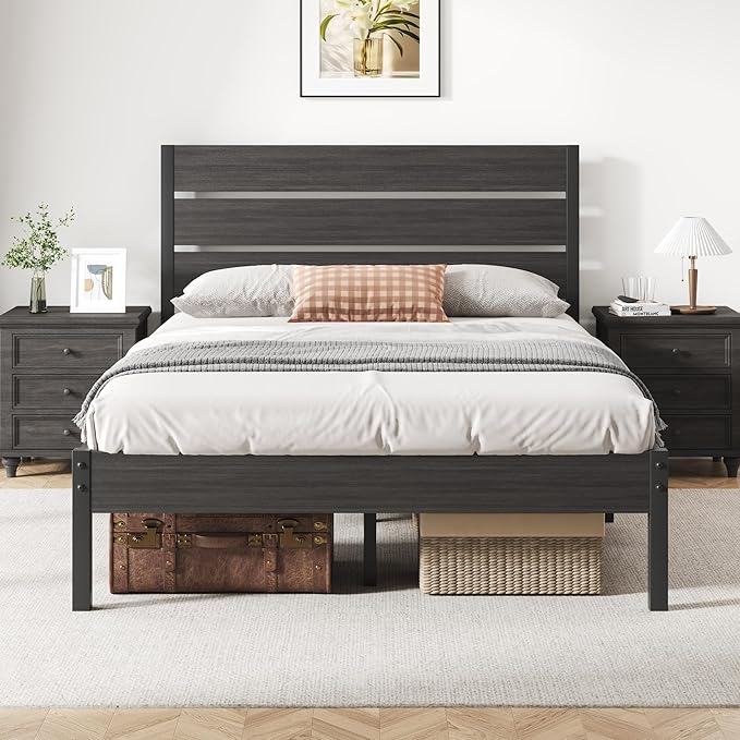 Full Bed Frame with Headboard and Footboard, Metal Platform Bed Frame with Under Bed Storage, All-Metal Support System, No Box Spring Needed, Easy Assembly,Rustic Grey