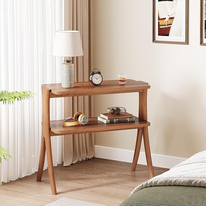 Tribesigns Walnut Side Table for Living Room, Narrow End Table with 2-Tier Storage Shelf and Solid Wood Legs, Slim Modern Bedside Table Nightstand for Bedroom, Small Spaces (1)