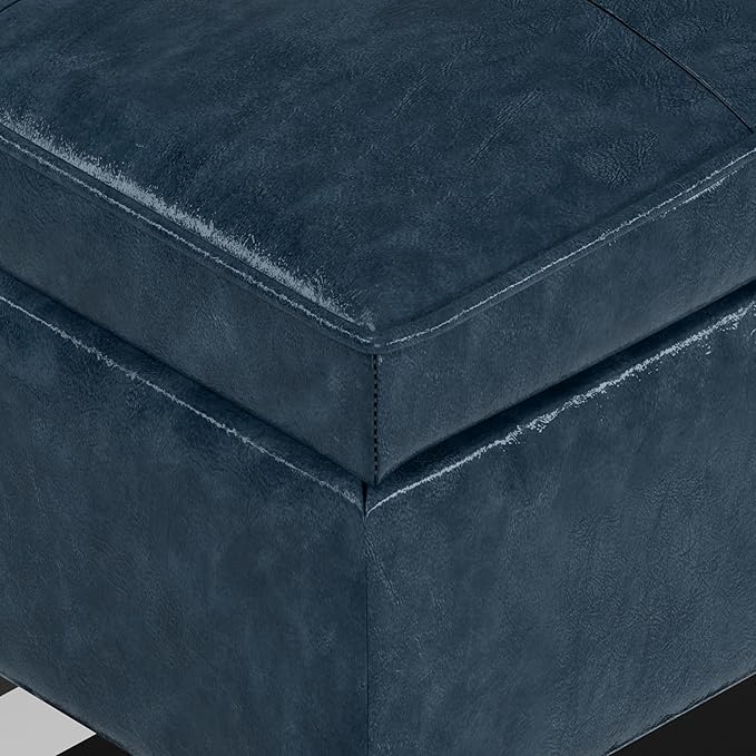 SIMPLIHOME Cosmopolitan Storage Ottoman Bench - 44 inch Wide Upholstered Vegan Leather Rectangle Storage Ottoman in Denim Blue, Transitional Bench for Bedroom with Tufted Lift-Top and Open Shelf