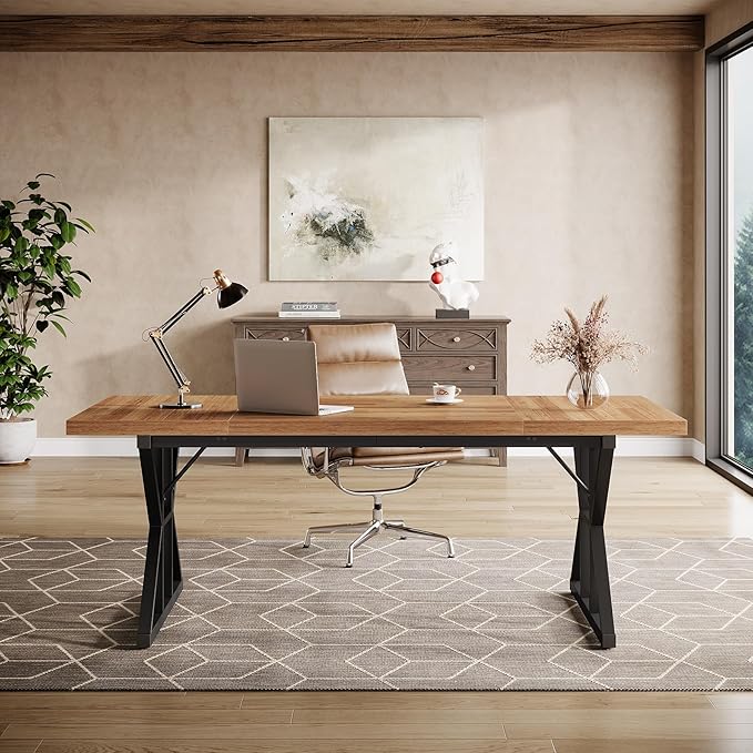 Tribesigns 70.86-Inch Large Executive Desk, Industrial Home Office Computer Desk, Simple Long Writing Study Table Business Furniture (Light Brown/Black)