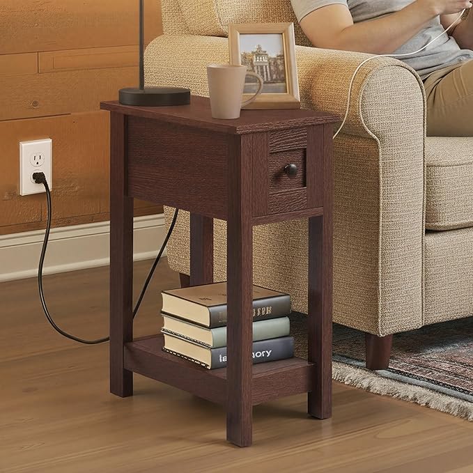 VASAGLE Narrow Side Table with Charging Station, Farmhouse End Table with Storage Drawer, Nightstand, Superfast Toolless Assembly, for Living Room, Bedroom, Saddle Brown ULET328K01