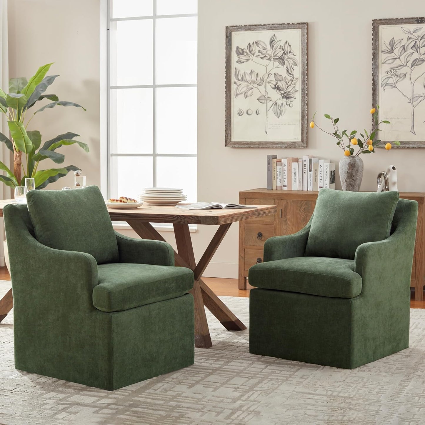 VKNOW Upholstered Dining Chairs, Modern Kitchen Chairs Dinner Chairs with 4 Casters, Linen Armchair for Bedroom Reading Room Living Room, Green