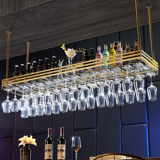Ceiling Wine Rack&Hanging, Adjustable Hanging Wine Rack with Acrylic Board for Bar Cafe Kitche, 31.5''x13.8'' Iron Hanging Wine Glass Racks, Wine Bottle, Goblet Stemware Rack, Mug Rack-Gold