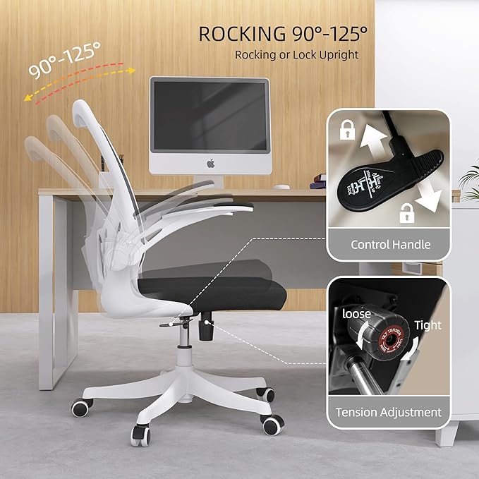 Monhey Office Chair - Ergonomic Office Chair with Lumbar Support & Flip Up Arms Home Office Desk Chairs Rockable High Back Swivel Computer Chair White Frame & Black Mesh Study Chair