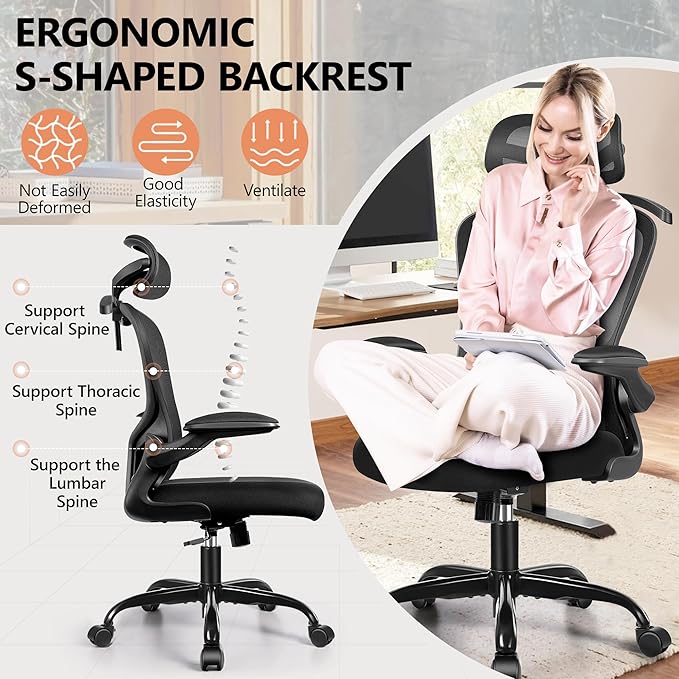 FelixKing Office Chair with Headrest, Ergonomic Desk Chair with Wheels, Task Swivel Comfy Chair with Adjustable Lumbar Support, Breathable Mesh Computer Chair with flip-up Armrests for Home (Black)