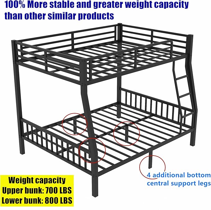 Stronger & Higher Quality Heavy Duty Steel Bunk Bed Full XL Over Queen Size Bunkbed, Thickened Safer More Stable Metal Queen Bunk Bed Frame (Faster Assembly) (Full XL Over Queen)