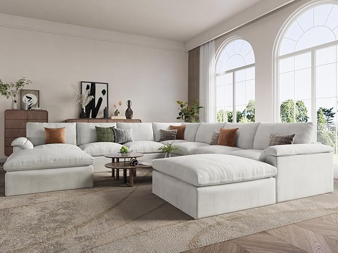 EASE MOOSE Oversized Sectional Cloud Couch, 9-Seat Modular Boneless Sofa Set with Deep Seat, No-Assembly Chenille Sofa for Living Room, White