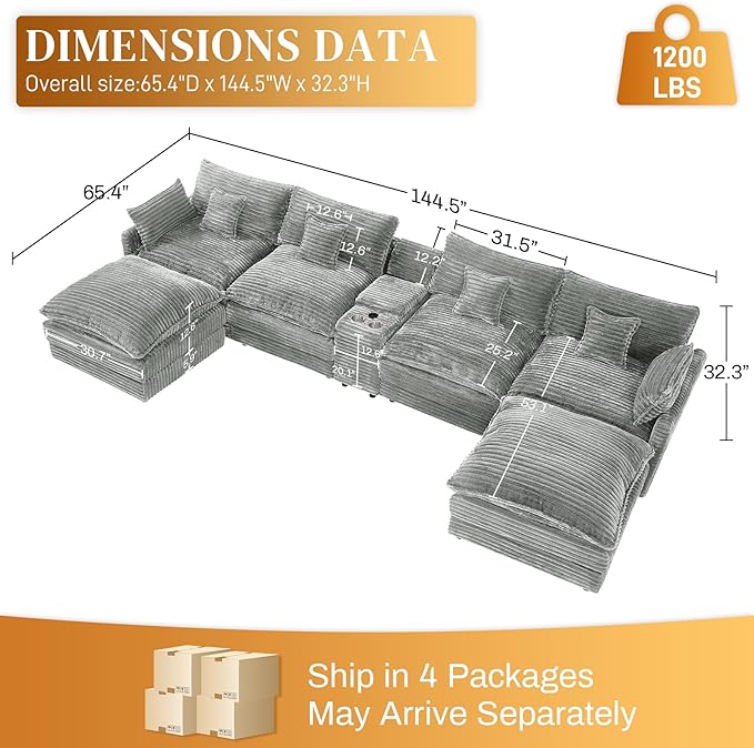 HYJT-H&K 145" U Shaped Cloud Couch Modular Light Grey Sectional Couches for Living Room, Comfy Fluffy Corduroy Oversized Cloud Sectional Couch Large 6 Seat Sectionals Sofa Set Central Console USB Port