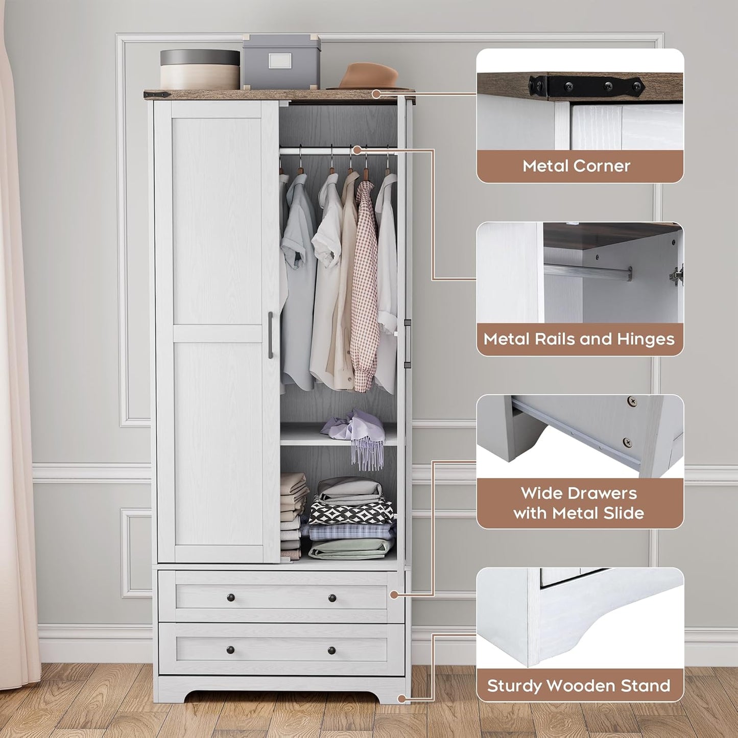Brafab Armoire Wardrobe Closet with 2 Modern Doors, 71" Tall Freestanding Closet Wardrobe Cabinet with Drawers and Hanging Rail, Light Wooden Storage Cabinet with Shelve for Bedroom (White, 4 Doors)