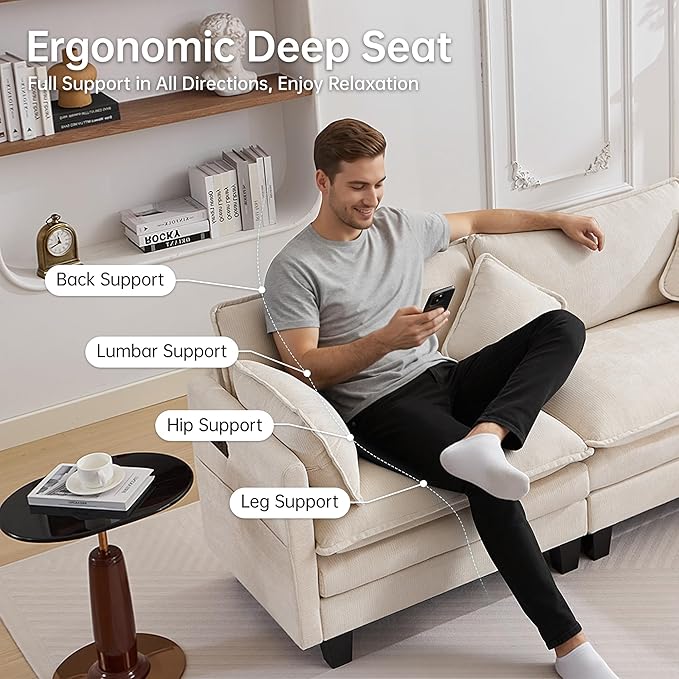 108" Modular Sectional Couches for Living Room with Ottoman, L Shaped Cloud Couch with Charger, USB & Type-c Port, Comfy 4 Seats Sofas with Deep Seat, Chenille Fabric, Beige