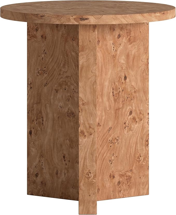Henn&Hart 20" Scandinavian Round Wooden End Table, Side Table, Nightstand with X-Base for Living Room, Office, Family Room, or Bedroom, Honey Burl
