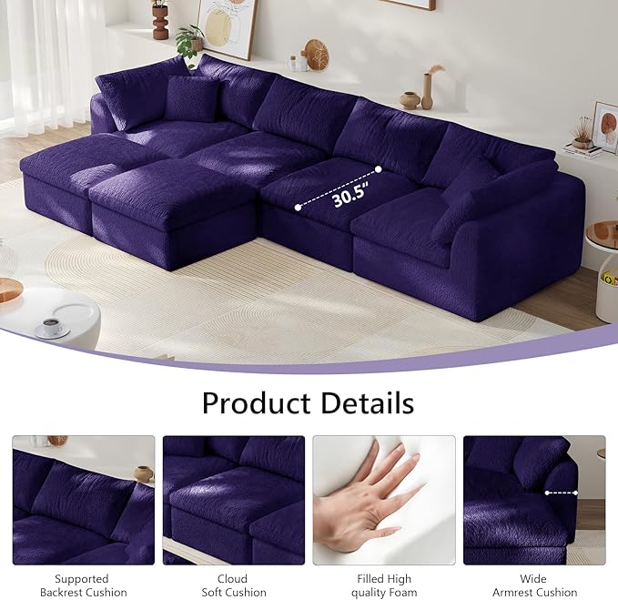 138" Boneless Cloud Couch Modular Sectional Sofa with Deep Seat for Living Room, L Shape Couch with Ottoman, Snowflake Cloth and 40D Memory Sponge，2 Throw Pillows (Purple, 4 Seater+2 Ottoman)