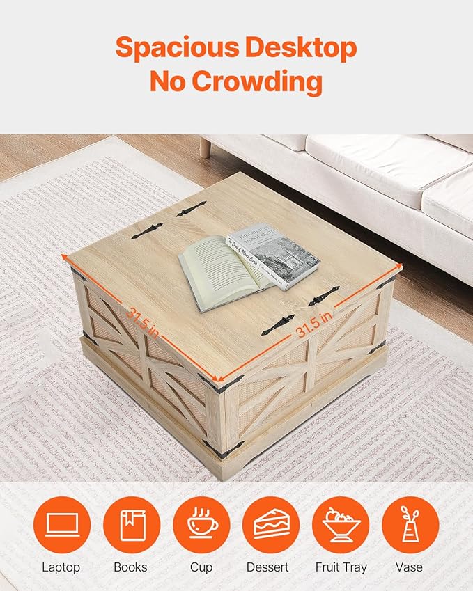 VEVOR Rattan Coffee Table, Rectangle PE Rattan Woven Wood Coffee Table with MDF Top, 32-Inch Modern Boho Style Storage Table with Retro Metal Hinges, for Living Room, Bedroom & Small Spaces