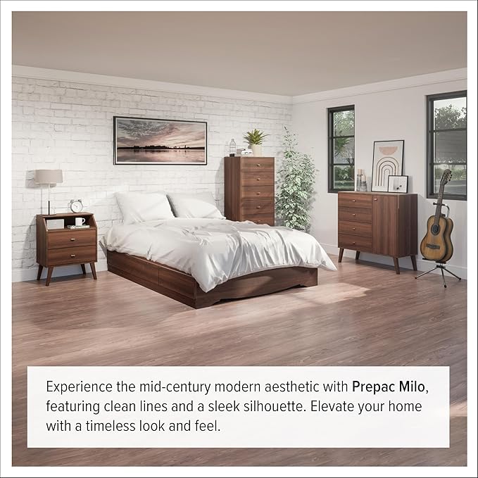 Prepac Milo Mid-Century Modern 2 Drawer Nightstand, Bedside Table, Contemporary Bedroom Furniture, 16"D x 25"W x 25"H, Cherry