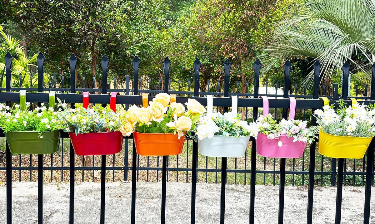 6 Pcs Railing Planter, 10" Metal Hanging Flower Pots for Outdoor Balcony Rails, Fence Pot Hanging Plant Holders with Detachable Hooks for Garden Patio Yard Decor (Multi-Color, 6Pcs)