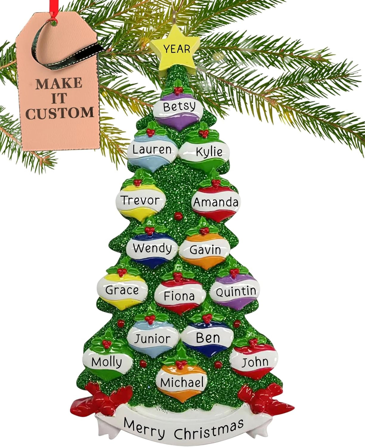 Personalized Large Family of 15 Ornament 2025 | Free 24h Customization | Christmas Ornaments for Tree | Custom Gift Wrapped Green Glitter Keepsake for Fifteen Persons