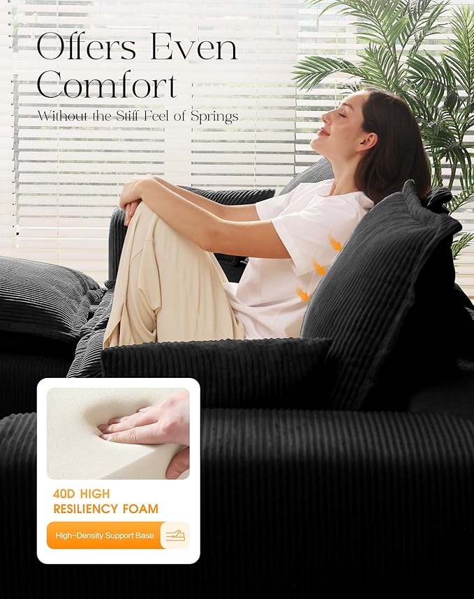 107" Comfy Cloud Couch with U-Shape Chaise & Deep Seat, Modular Sectional Sofa in a Box, Boneless Upholstered Couches for Living Room, No Assembly Required (Soft Corduroy, Black)