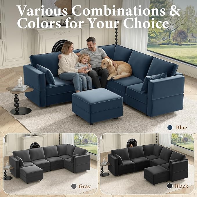 Vesgantti Sectional Couches with Storage Seats, 92" L Shaped Convertible Modular Sectional Sofa, 5 Seat & 1 Ottoman Velvet Storage Chaises Deep Seat Couch for Living Room, Bedroom, Apartment, Blue