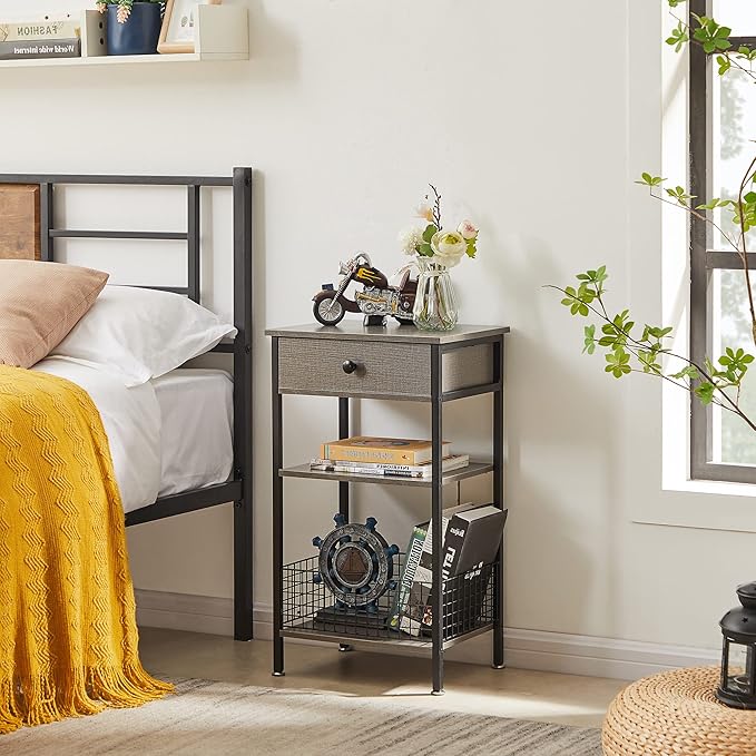 VECELO Tall Side End Table,Nightstands Shelf Storage Organizer with U-Shape Shlef Basket and Drawer for Telephone Entryway/Living Room/Bedroom/Kitchen,Small Spaces,Hemp Gray,27.5" H,1 Set