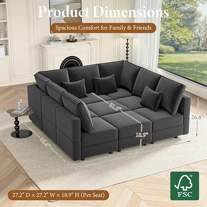 Vesgantti Modular Sofa Bed with Storage, 92" Sleeper Sofas with 9 Seats Storage Chaises Removeble Cover, Luxury Large Velvet Sectional Couch Set for Living Room, Apartment, Home Theatre, Gray