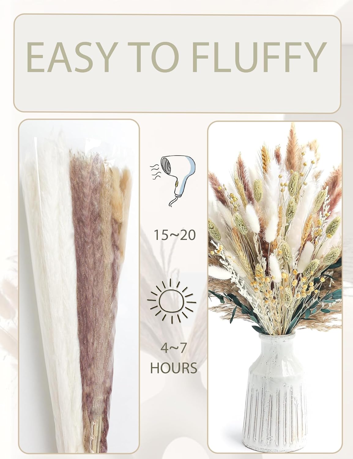 126pcs Dried Pampas Grass Decorations, Dried Flowers, Dried Bouquet in Vase, Reed Grass Bouquet for Boho Floral Wedding, Rustic Farmhouse Decor. (Vase Not Included)