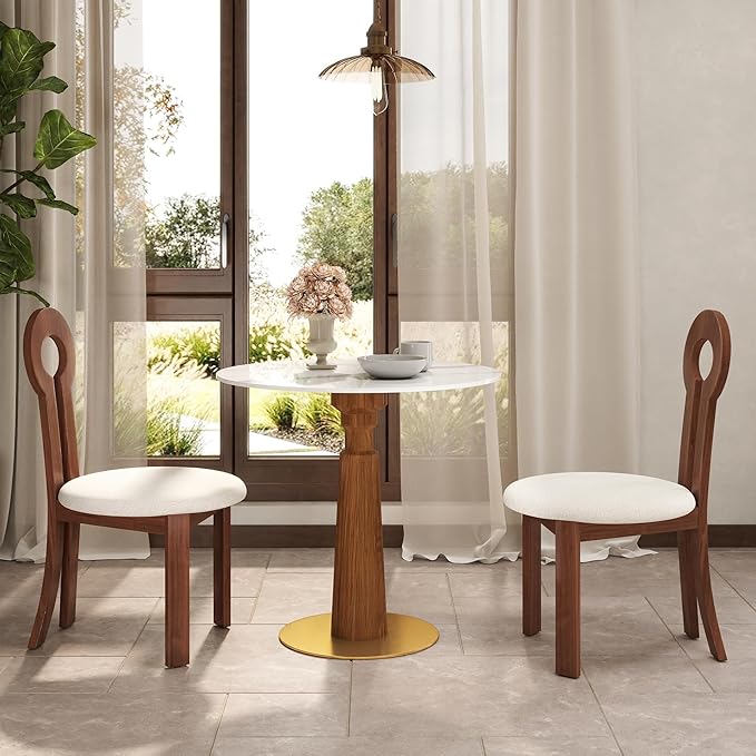 Sintered Stone Office Table and Chair Set - 33.5" Round Table for Small Offices (Light Brown Leg and White Top, 1 Table and 2 Chairs)