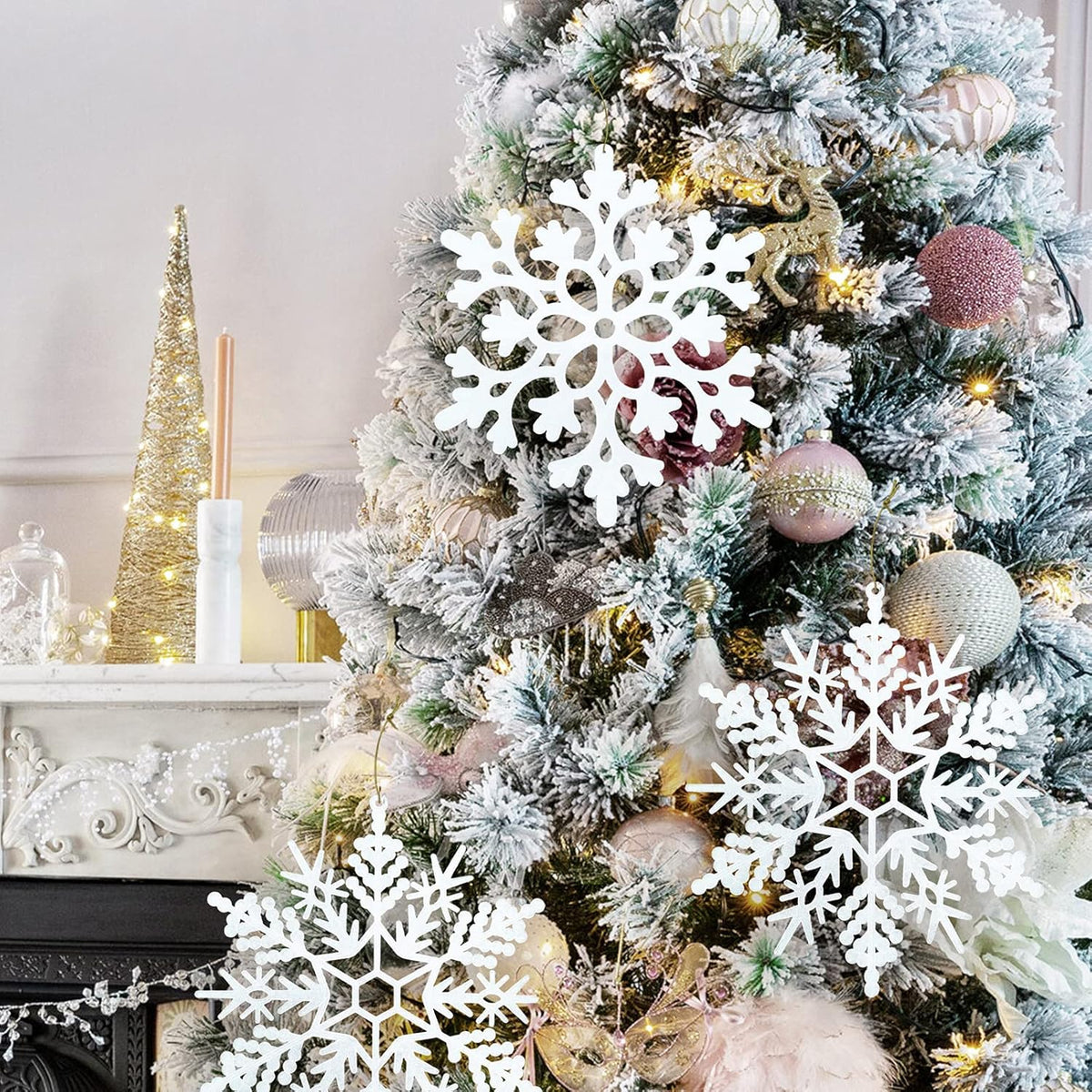 6pcs Large White Snowflakes Ornaments 12” Big Plastic Glitter Snowflake for Winter Indoor Outdoor Christmas Tree Window Room Decorations Giant Craft Snowflakes