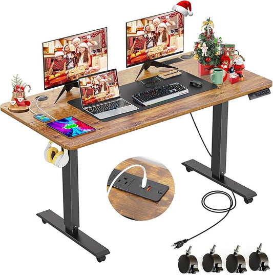 farexon Electric Standing Desk 55 x 24In with Charging Station, Stand up Desk with Oversized Mouse Pad, 2 USB Ports & 3 Power Outlets, 4 Caster, 4 Preset Heights Easy to Set（Brown）