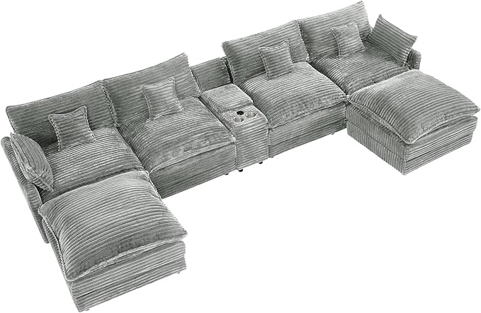 HYJT-H&K 145" U Shaped Cloud Couch Modular Light Grey Sectional Couches for Living Room, Comfy Fluffy Corduroy Oversized Cloud Sectional Couch Large 6 Seat Sectionals Sofa Set Central Console USB Port