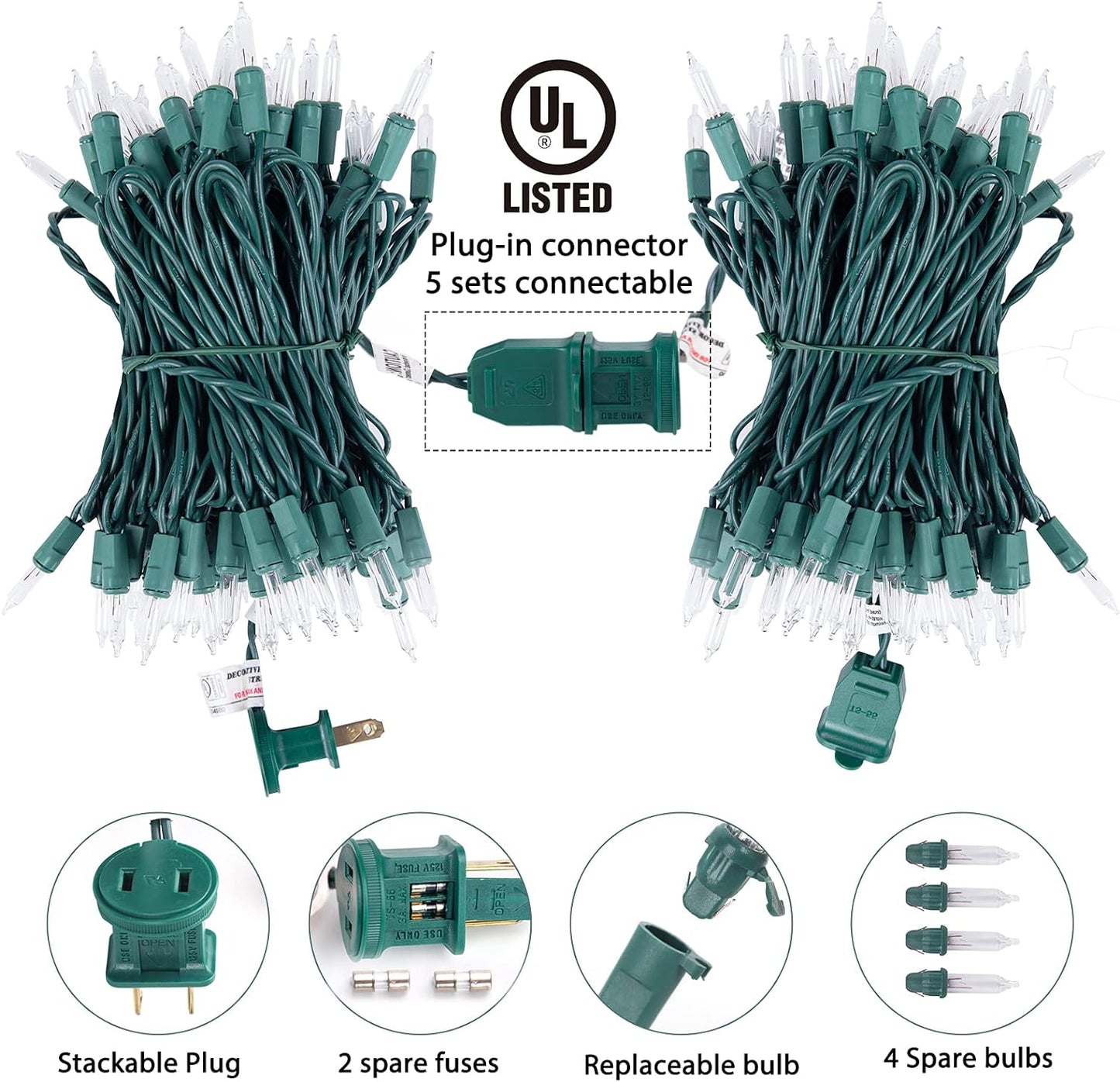 Clear Christmas Lights 200 Count 50 Feet Bulb Mini Lights, Waterproof String Lights, Color Changing Lights for Indoor Xmas Tree Garland Birthday Wedding Decoration, Green Wire