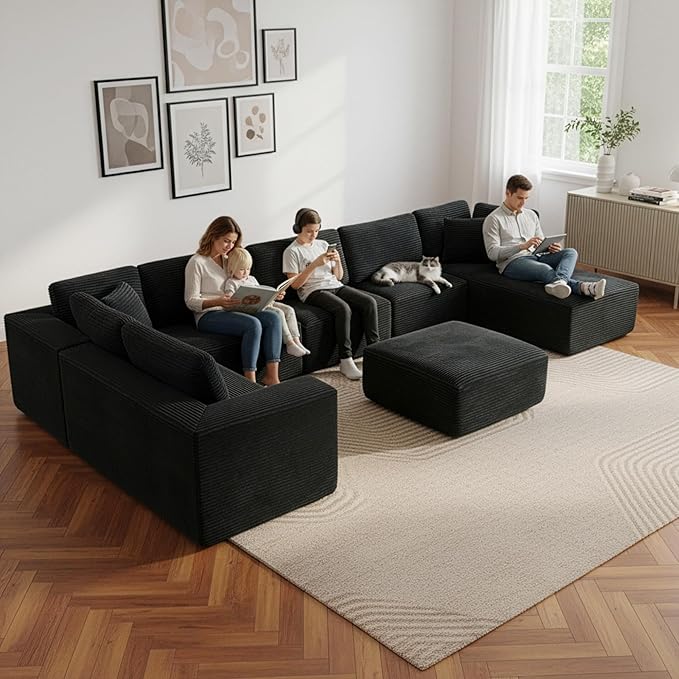 Modular Sectional Cloud Couch for Living Room,Modern Boneless Couche Set with Plush Corduroy,Comfy Floor Sofa with Memory Foam,Stupendous U Shaped Sofa with Ottoman,No Assembly Required,Black