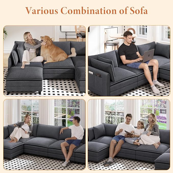 Vesgantti 143" L Shaped Modular Sectional Couch, Comfy Corduroy Upholstered Cloud Couches for Living Room, Modern 3 Seater Sofa with Movable Ottoman & Throw Pillows, Charcoal Grey