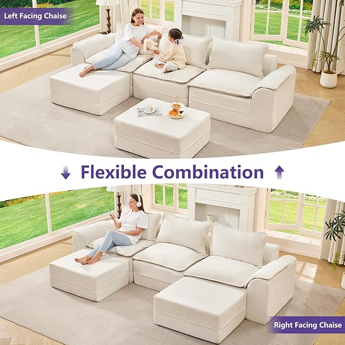 Hobestluk 120" Cloud Modular Sectional Couch 3-Seater Sofa with Ottomans U Shaped Couch Deep Seat Sofa with Removable Cover Large Sofa for Living Room (Beige, 3-Seater Sofa with Two Ottomans)