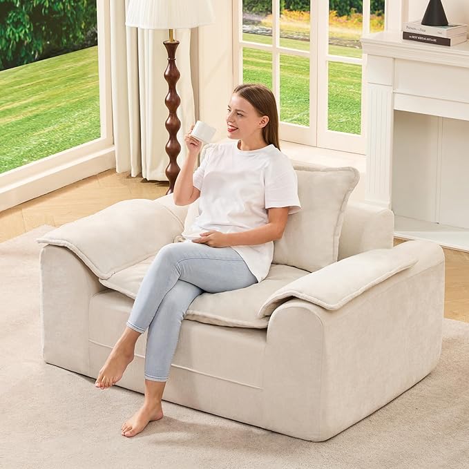 Hobestluk Cloud Single Sofa Memory Foam Couch with Deep Seat L Shaped Sofa with Removable Cover Large Couch for Living Room (Beige, Single Sofa)