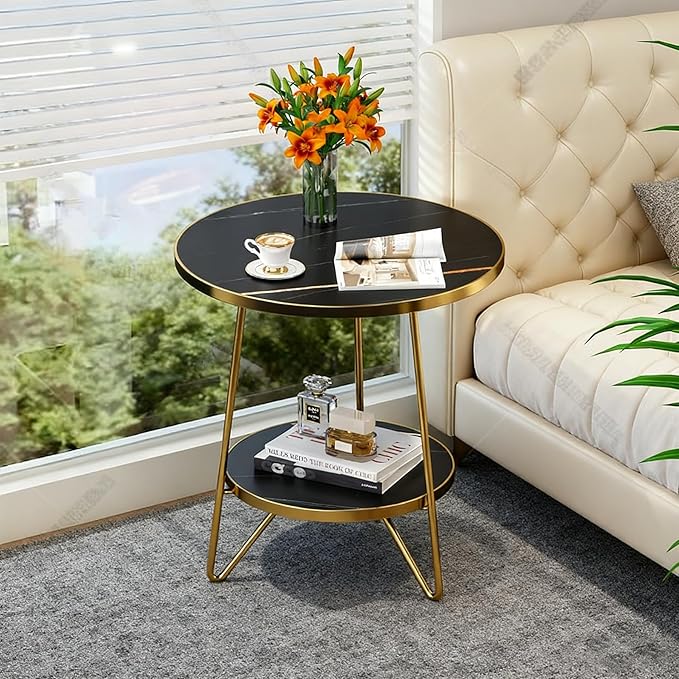 Tribesigns Faux Marble End Table, 2 Tier Round Side Table with Shelves, Modern Black Nightstand Bedside Table Small Coffee Accent Table for Living Room Bedroom, Black and Gold
