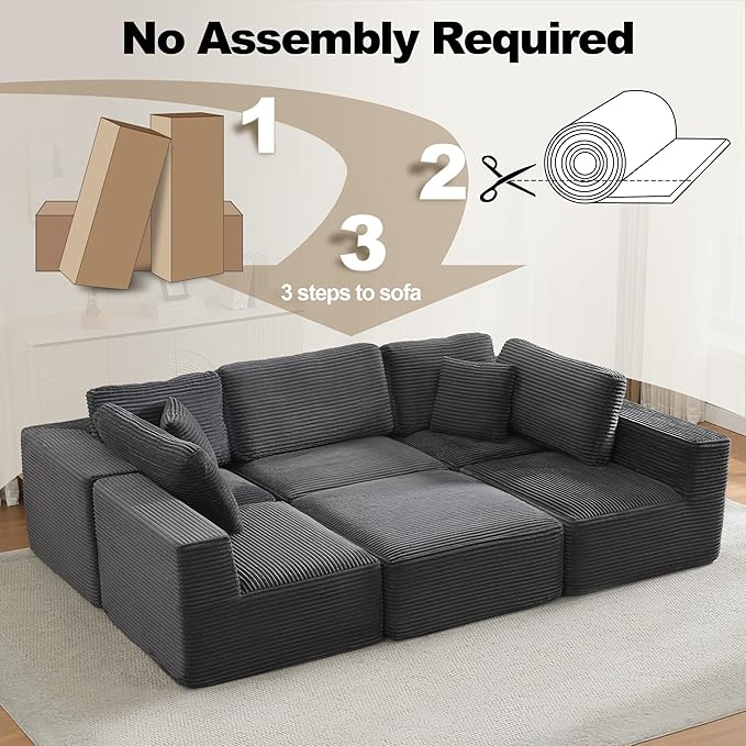 Cloud Modular Sectional Sleeper Sofa,U-Shape Modern Boneless Sectional Couch with Deep Seat,Upholstered Couches for Living Room Bedroom,No Assembly Required,Grey
