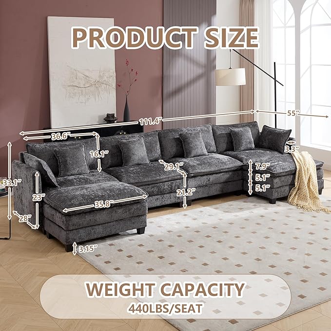 Plush Modular Cloud Sofa Set with Ottoman | L/U-Shaped Deep Seating Chenille Sectional for Family Living Room