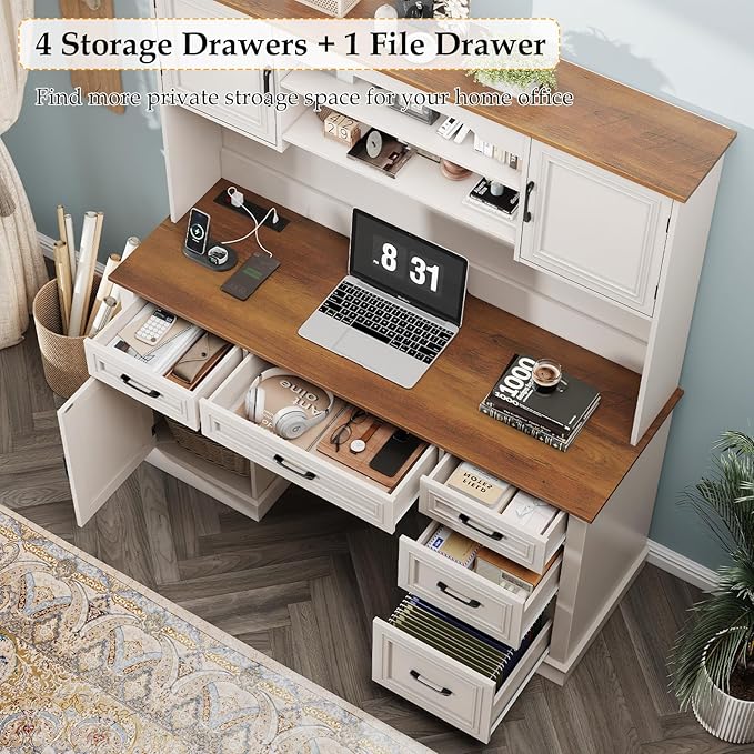 67" H Farmhouse Executive Desk with Hutch. Wood Workstation with 5 Drawers, Storage Cabinet, File Drawers and Charging Station, Ideal as Office Desks, Computer Desk for Home Office and Study
