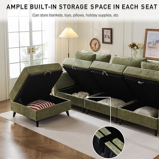 135'' Modular Sectional Sofa with Storage Seat,Oversized U Shaped Couch with Ottoman,7 Seater Couches for Living Room,Bedroom,Velet,Green