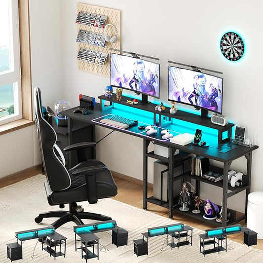 YOUNGAR L Shape Gaming Desk with File Drawers&Power Outlet, 69.3 Inch Reversible 2 Person Desk,Corner L Shape or Long Desk Set up,Monitor Stand &Storage Shelves, LED Lights &CPU Stand,Black