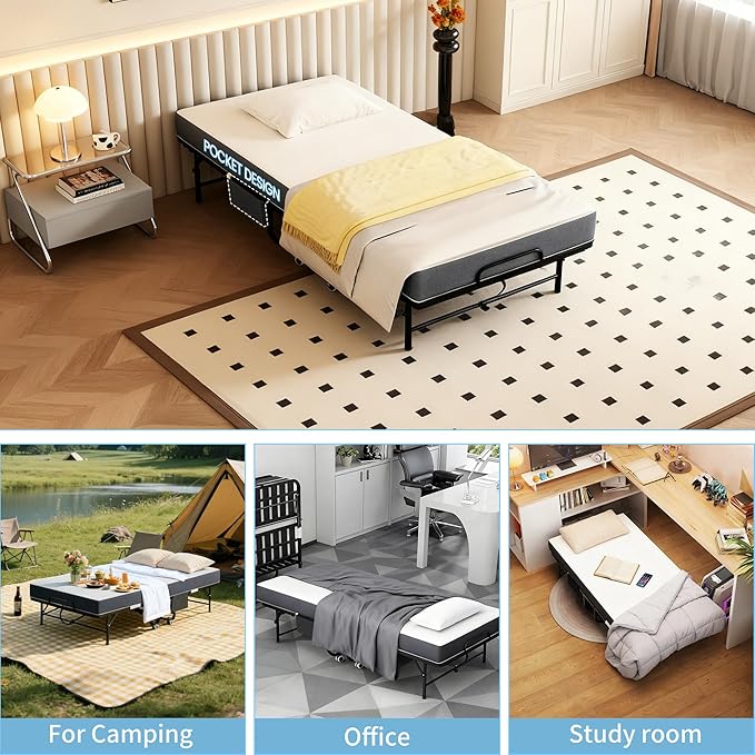 Folding Bed with Mattress for Adults, 75" x 31" Foldable Bed with Side Pocket, Twin Size Metal Bed Frame with Wheels, Portable Rollaway Bed for Guest, Travel