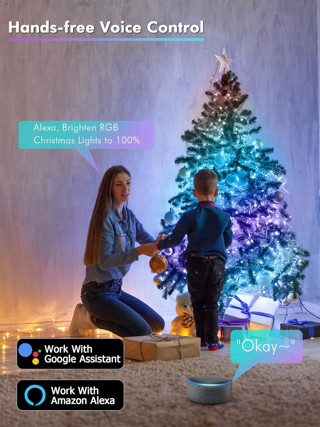 BrizLabs Smart Fairy String Lights, 66ft 200 LED WiFi RGB Christmas Fairy Lights App Control, Dimmable Rainbow Christmas Lighting, Music Sync Xmas Decorative Lighting Work with Alexa & Google Home