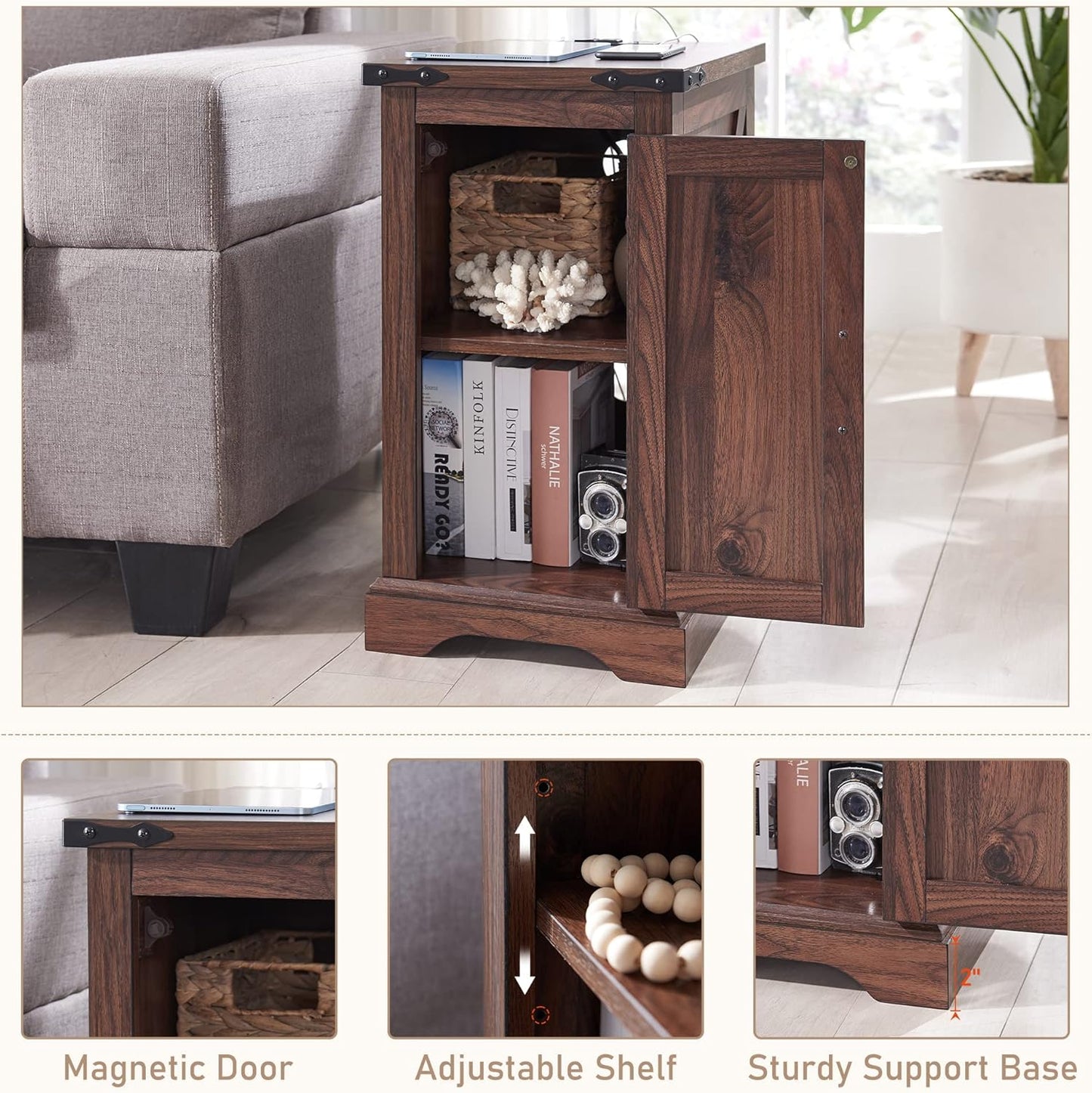 JXQTLINGMU Farmhouse Nightstand Set of 2 with Charging Station, 17" D Rectangular End Table with Barn Door & Adjustable Storage Shelf, Wood Rustic Sofa Side Table for Living Room, Bedroom, Brown