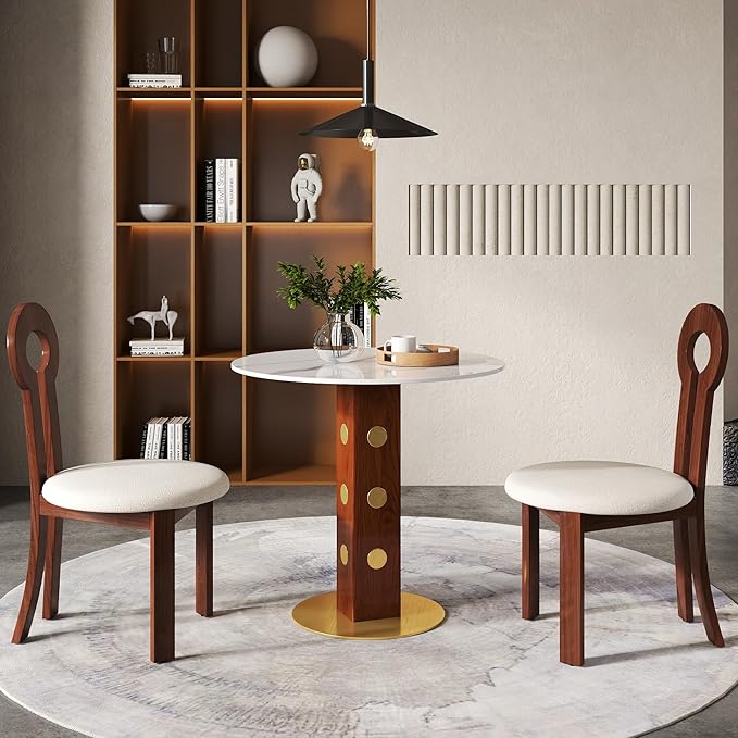 Sintered Stone Office Table and Chair Set - 33.5" Round Table for Small Offices (Red Leg and White Top, 1 Table and 2 Chairs)