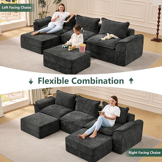 Hobestluk 120" Cloud Modular Sectional Couch 3-Seater Sofa with Ottomans U Shaped Couch Deep Seat Sofa with Removable Cover Large Sofa for Living Room (Dark Grey, 3-Seater Sofa with Two Ottomans)