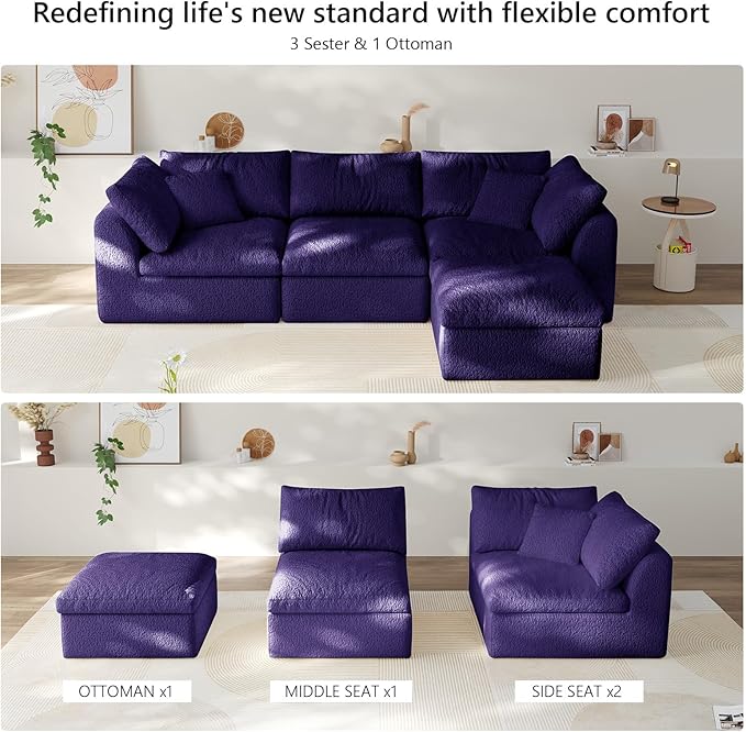 108" Boneless Cloud Couch Modular Sectional Sofa with Deep Seat for Living Room, L Shape Couch with Ottoman, Snowflake Cloth and 40D Memory Sponge，2 Throw Pillows (Purple, 3 Seater+1 Ottoman)