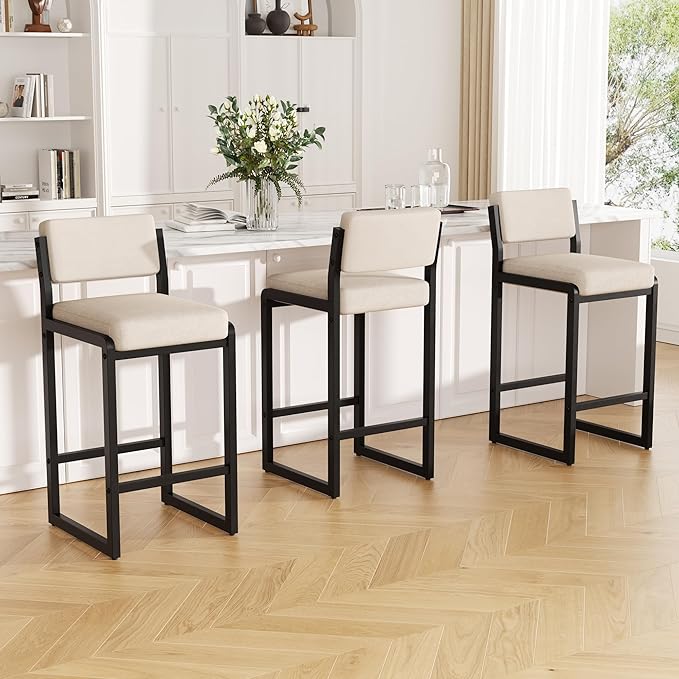 Bar Stools Set of 2, Fabric Counter Height Bar Stools with High Back and Metal Legs, Upholstered Bar Chairs, 26" Modern Barstools for Kitchen Island, Camel