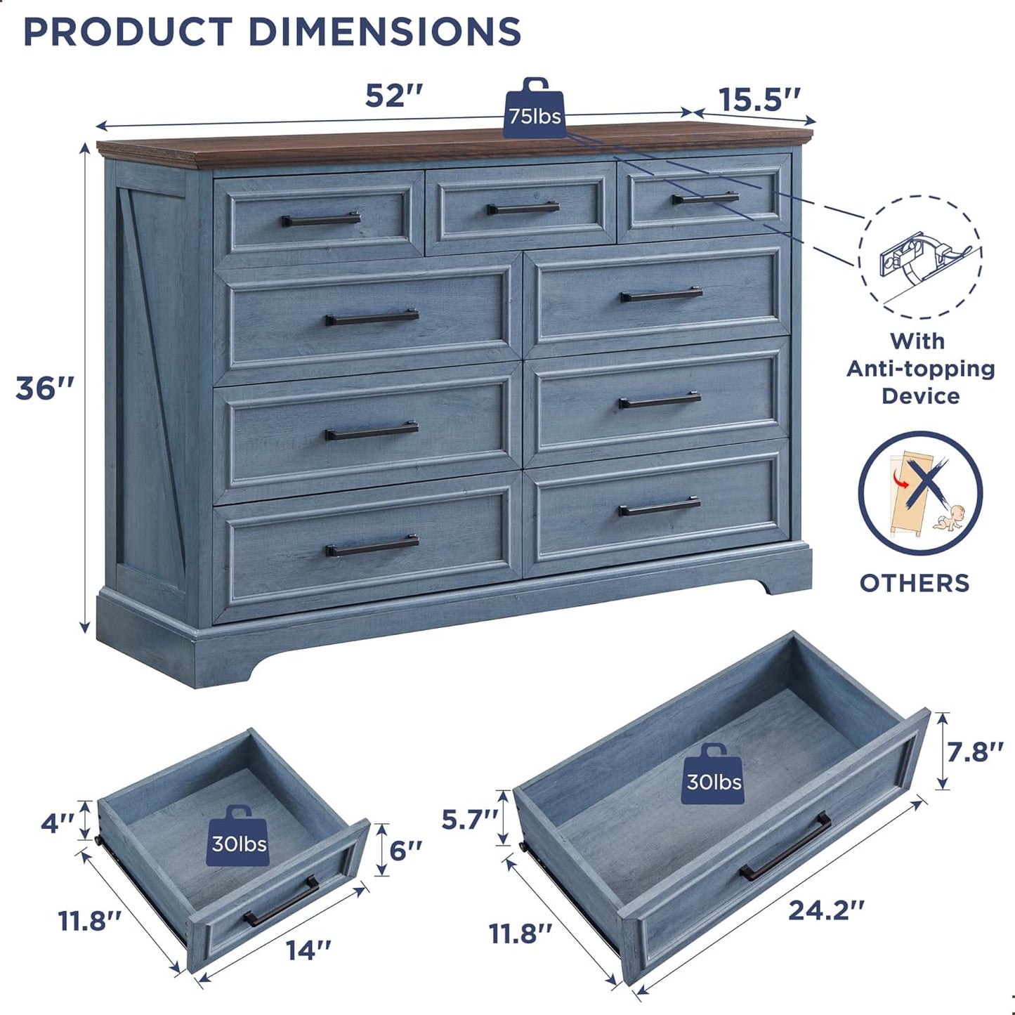 Farmhouse 9 Drawer Dresser for Bedroom, 36 Inch Tall Modern Dresser TV Stand with Large Drawers & Bar Handles, Rustic Wood Chest of Drawers for Bedroom, Living Room, Hallway, Blue